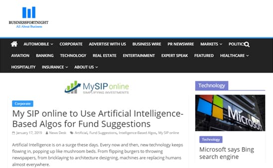 Businessfortnight Presented the Use of AI Based Algos for Fund Suggestion at MySIPonline